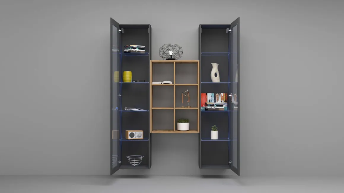 Vetrine > Dmora Vetrina 14 Ripiani Apertura Battente 40x30x180h cm, 2 Ante - Marea Nero Antracite